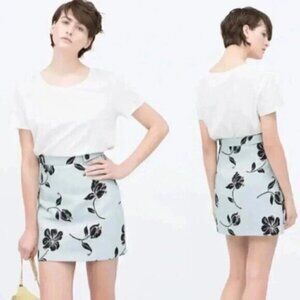 Zara Mini Floral Jacquard Skirt Baby Blue A Line  Size Small